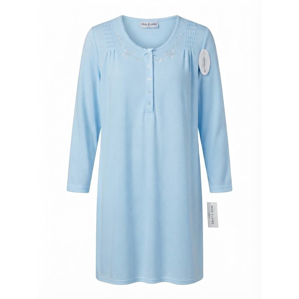 NEW Miss Elaine Cuddleknit Blue Floral Embroidered Henley Nightgown 1X